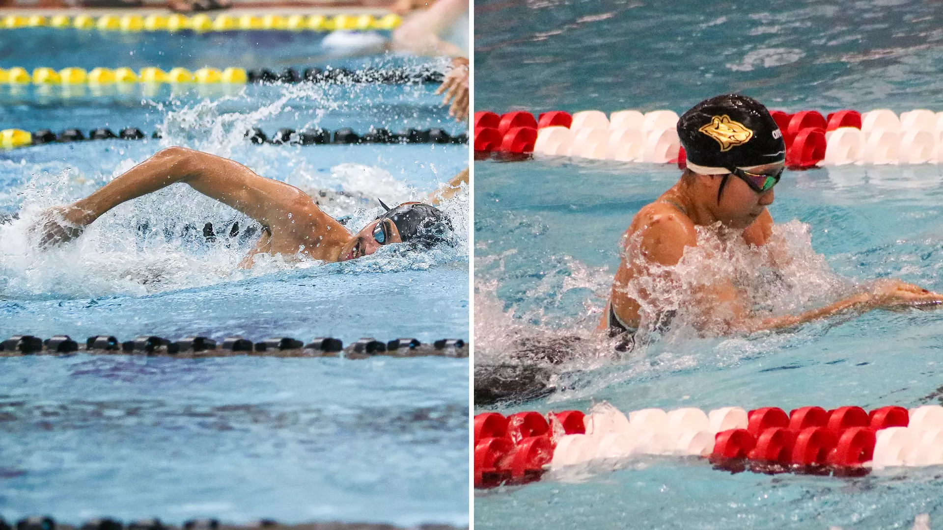 Chahine Said swimming freestyle on left, Soomin Yoo swimming breastroke on right