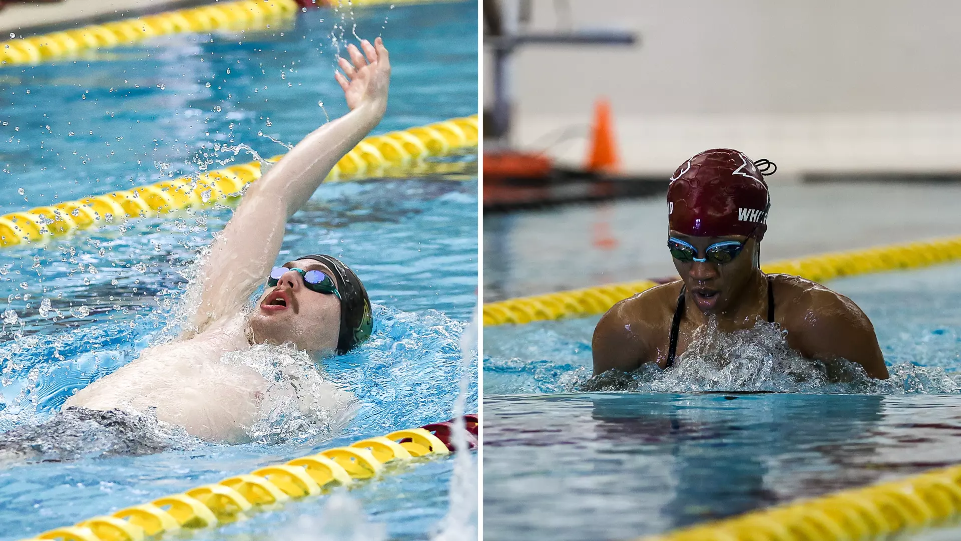 James Moll swimming backstroke on left, Nyrobi Whitfield swimming breaststroke on right
