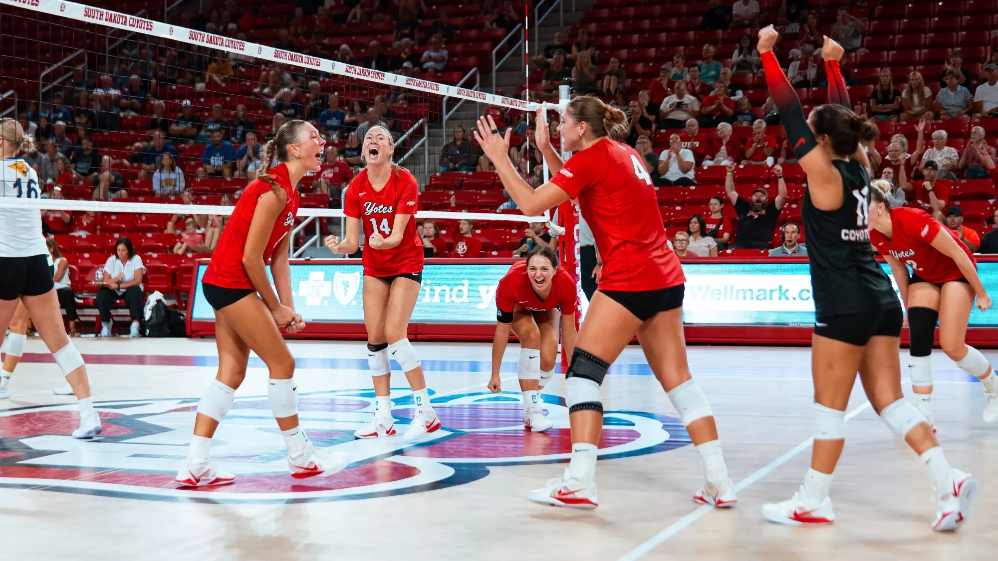 Volleyball celebrating in the fifth set against Northern Iowa 2026