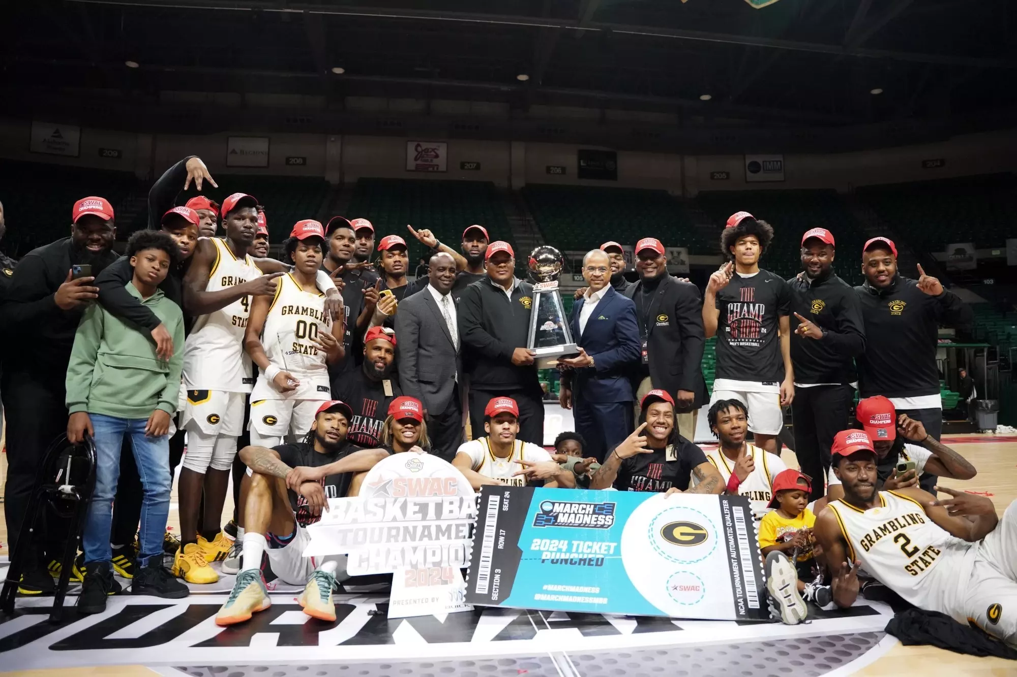 Grambling State men's basketball poses with the SWAC championship trophy