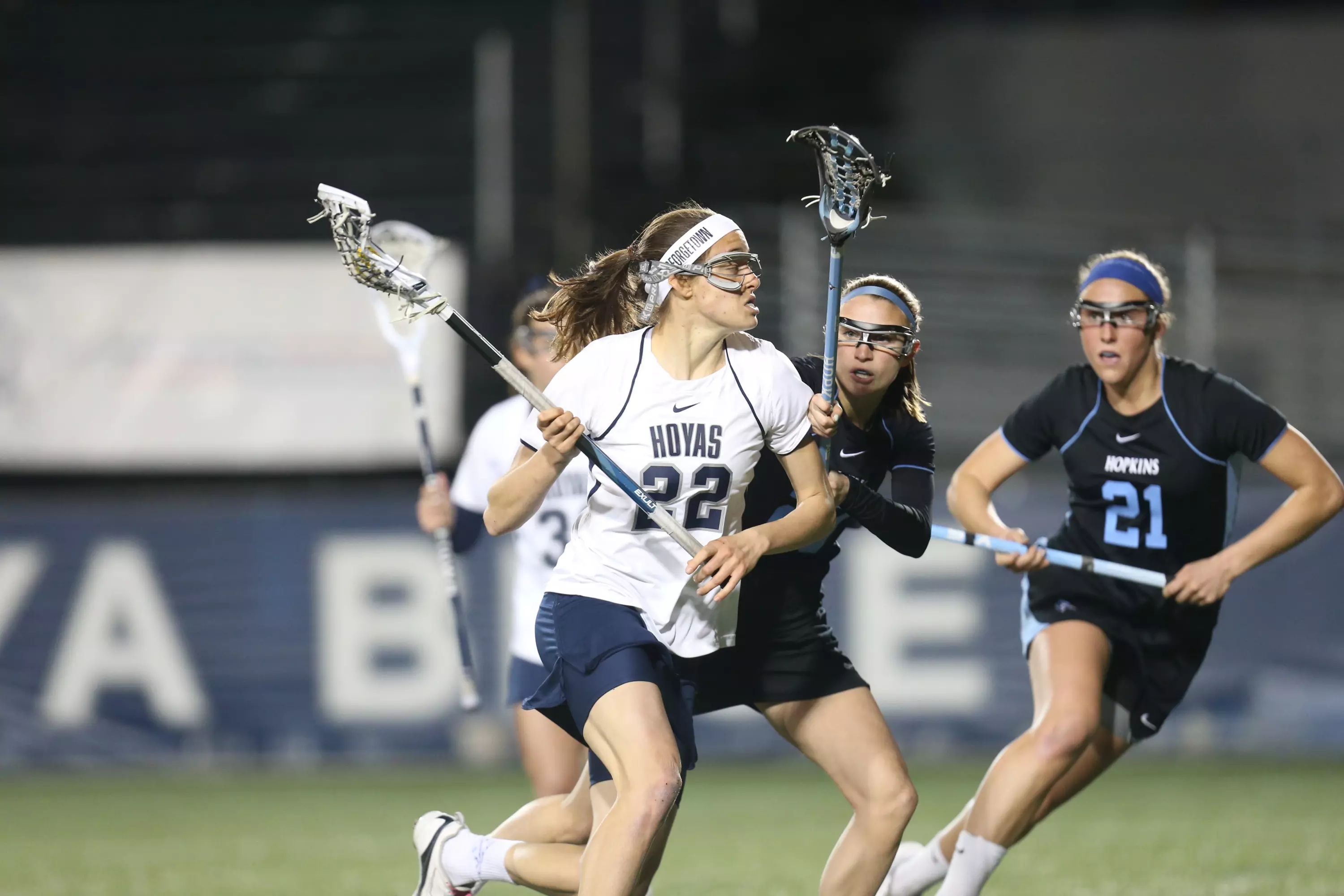 The No. 19/RV Georgetown University women's lacrosse team (3-7) fell just shy tonight in an 8-6 loss to the No. 12/12 University of Pennsylvania Quakers (6-2) in a neutral-site game played at the McDonogh School in Owings Mills, Md., in the final non-conference game of the season.