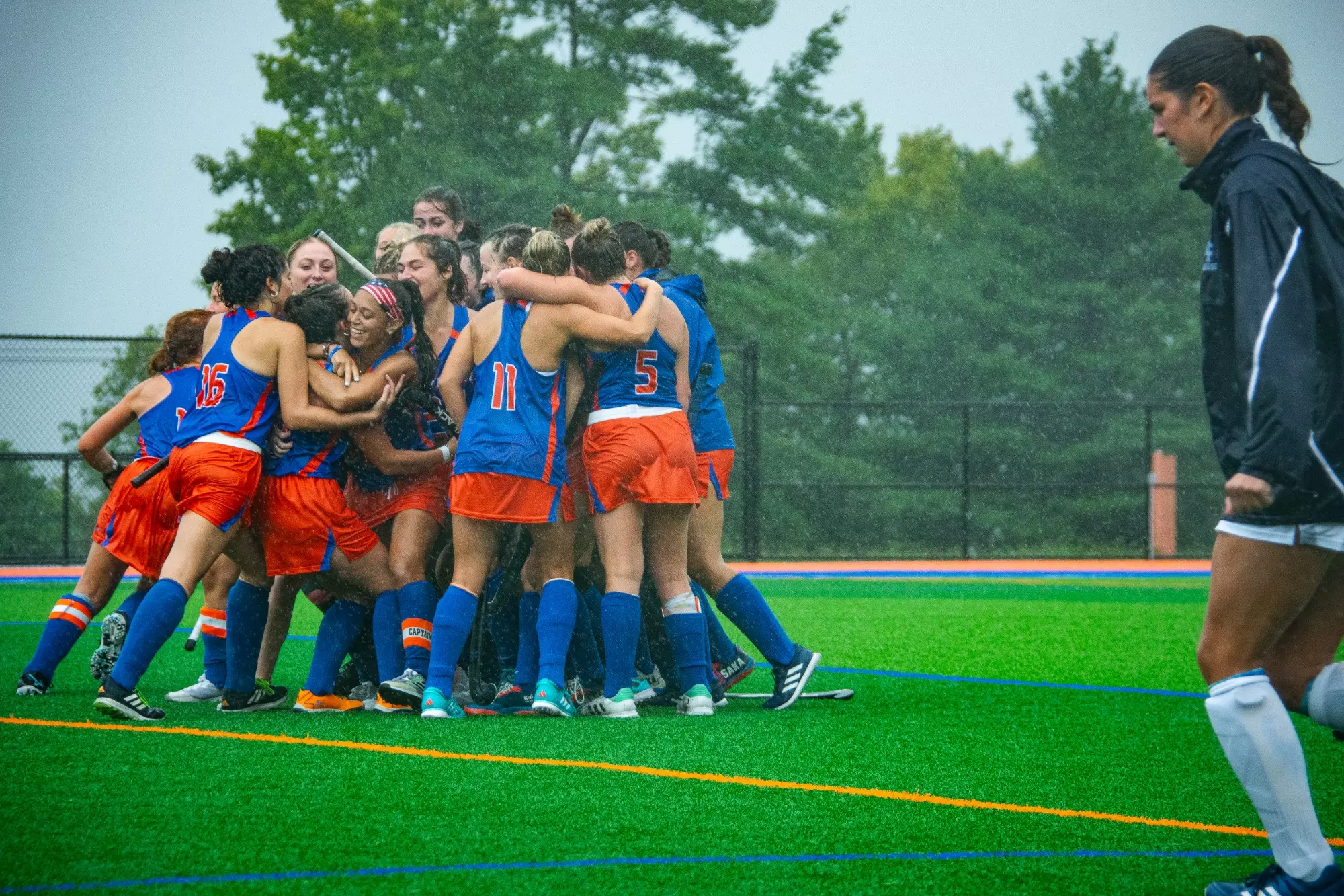 Hawks celebrate Miranda Britton game-winner double overtime goal over Ithaca, 3-2