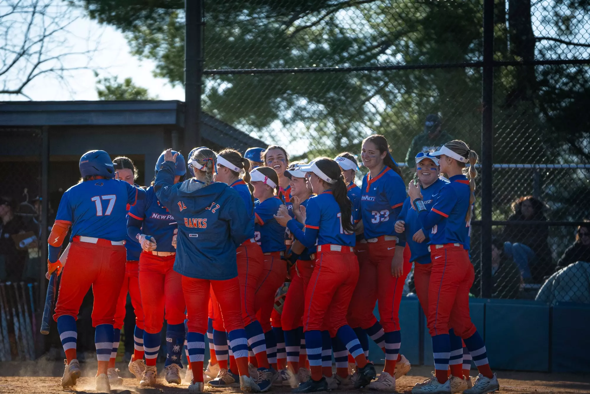 Hawks celebrate at home plate after an Ella Sharrock home run