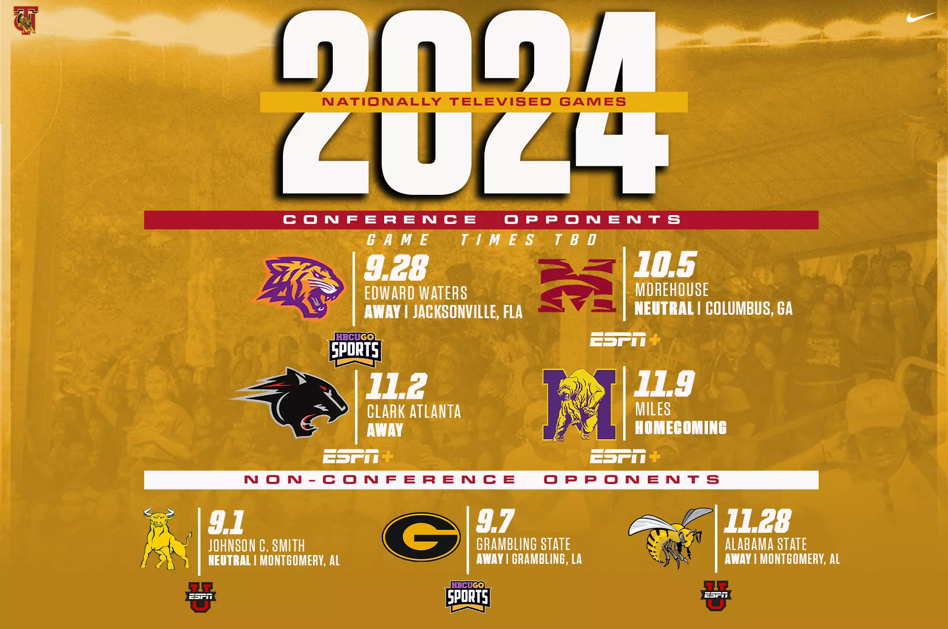 Tuskegee Football to Be Featured in Seven Nationally Televised Games in