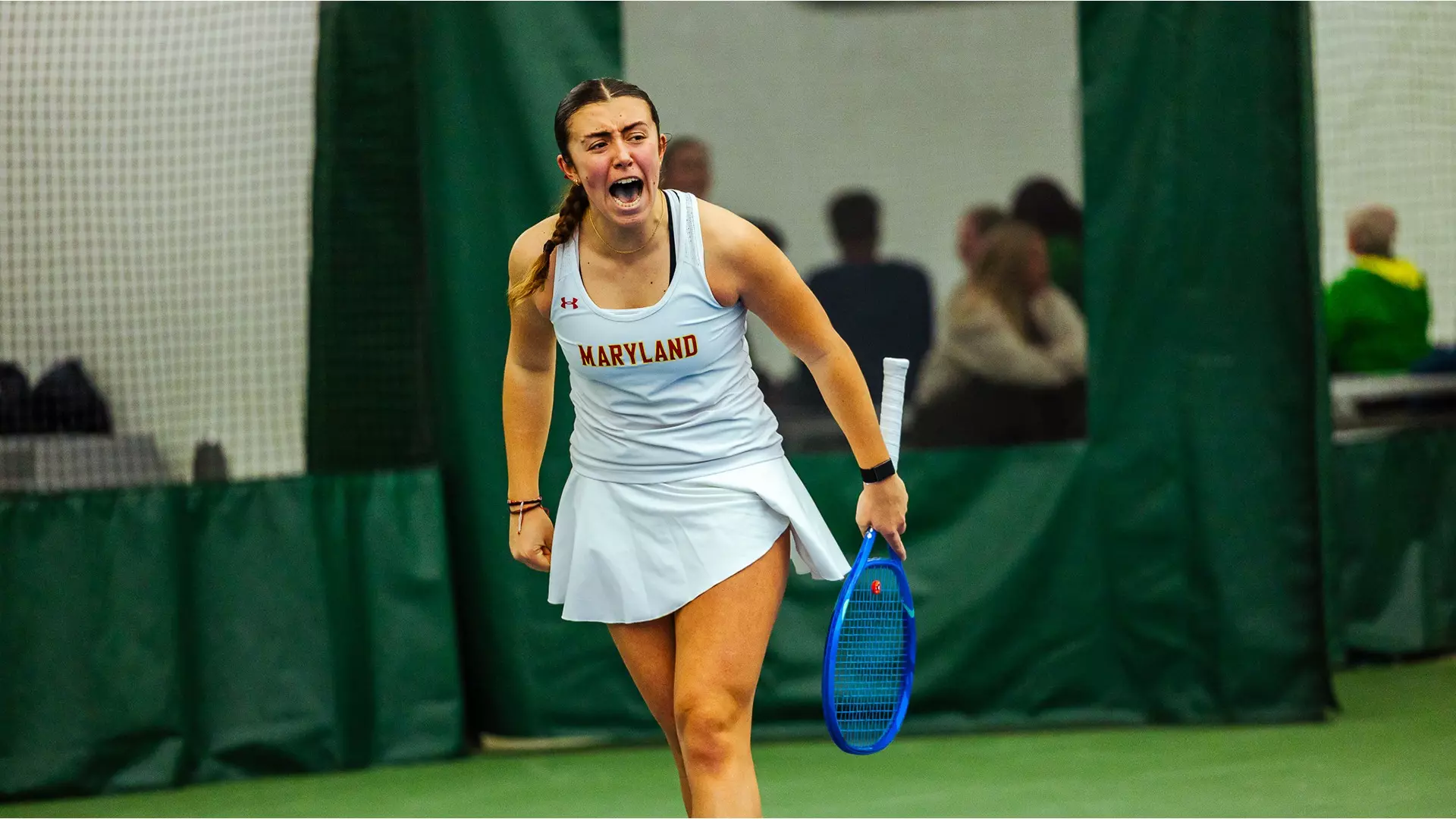 Emma Ghirardato letting out a scream after winning her set against Oregon