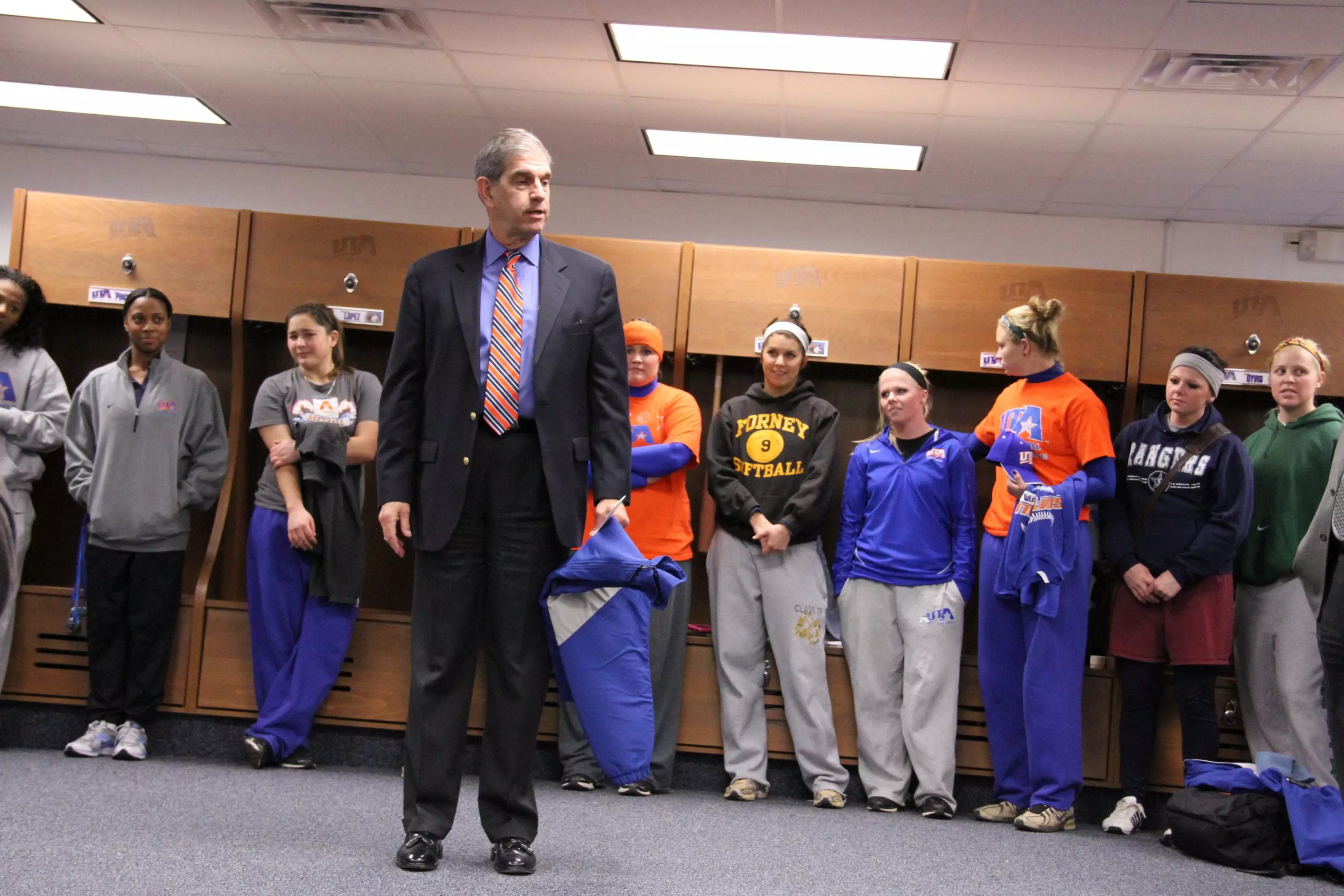 UT Arlington president James D. Spaniolo speaks to athletes from baseball, softball and track and field on Monday afternoon in the upgraded locker rooms.