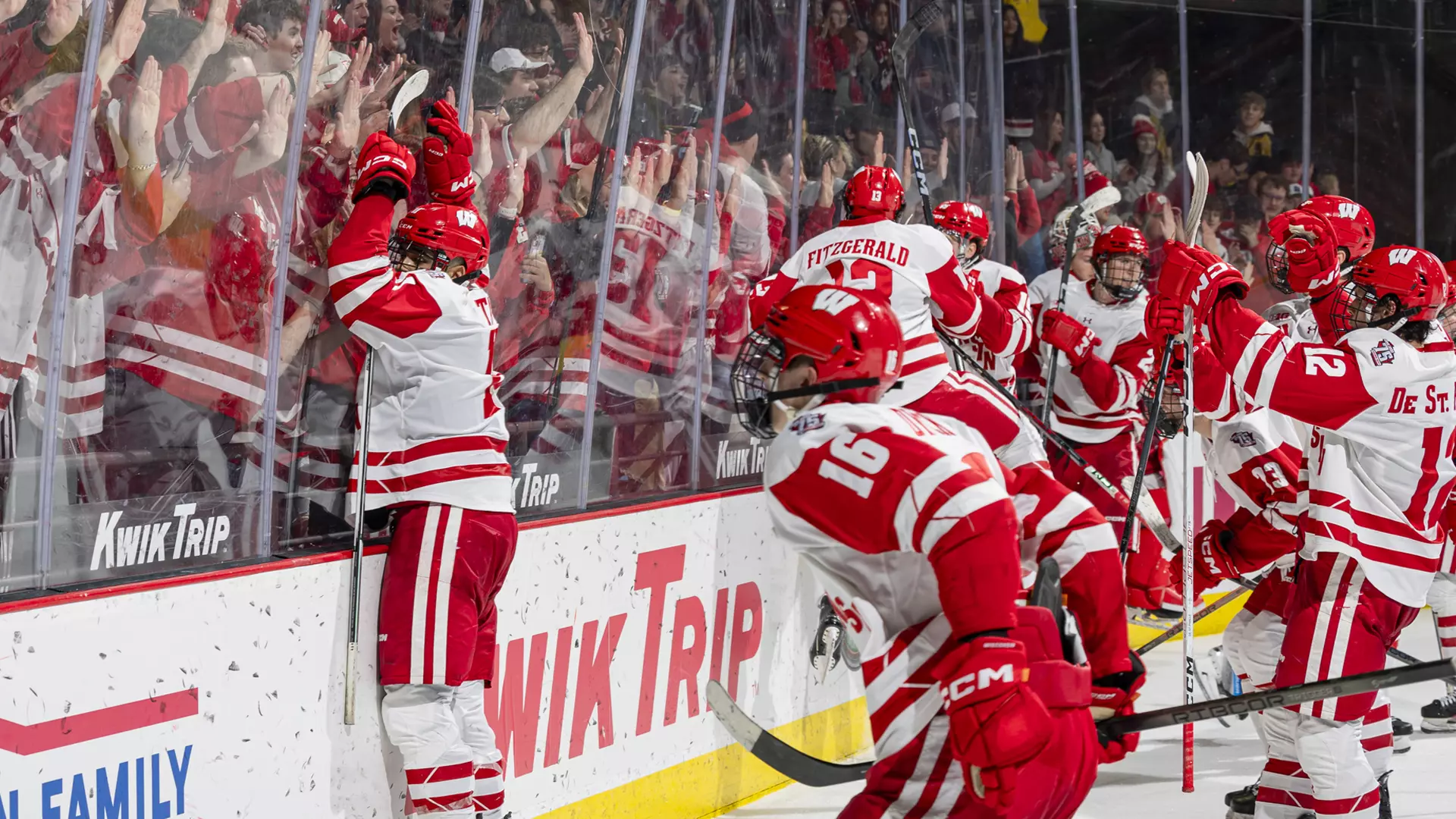 The Wisconsin men's hockey team celebrates its victory over the Ohio State Buckeyes. 