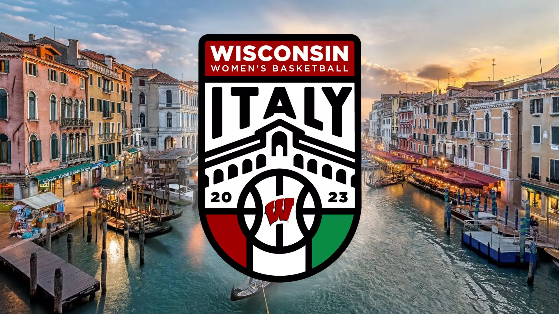 Graphic of the women's basketball logo for the team's Italy tour with a scenic background of Venice behind the logo