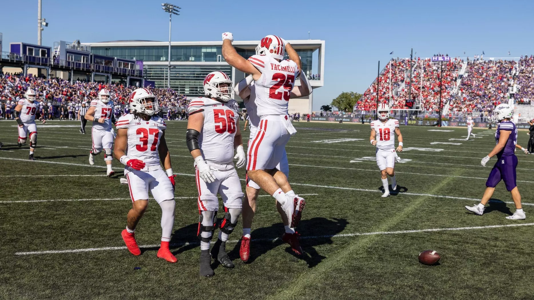 Wisconsin celebrates a touchdown at Northwestern