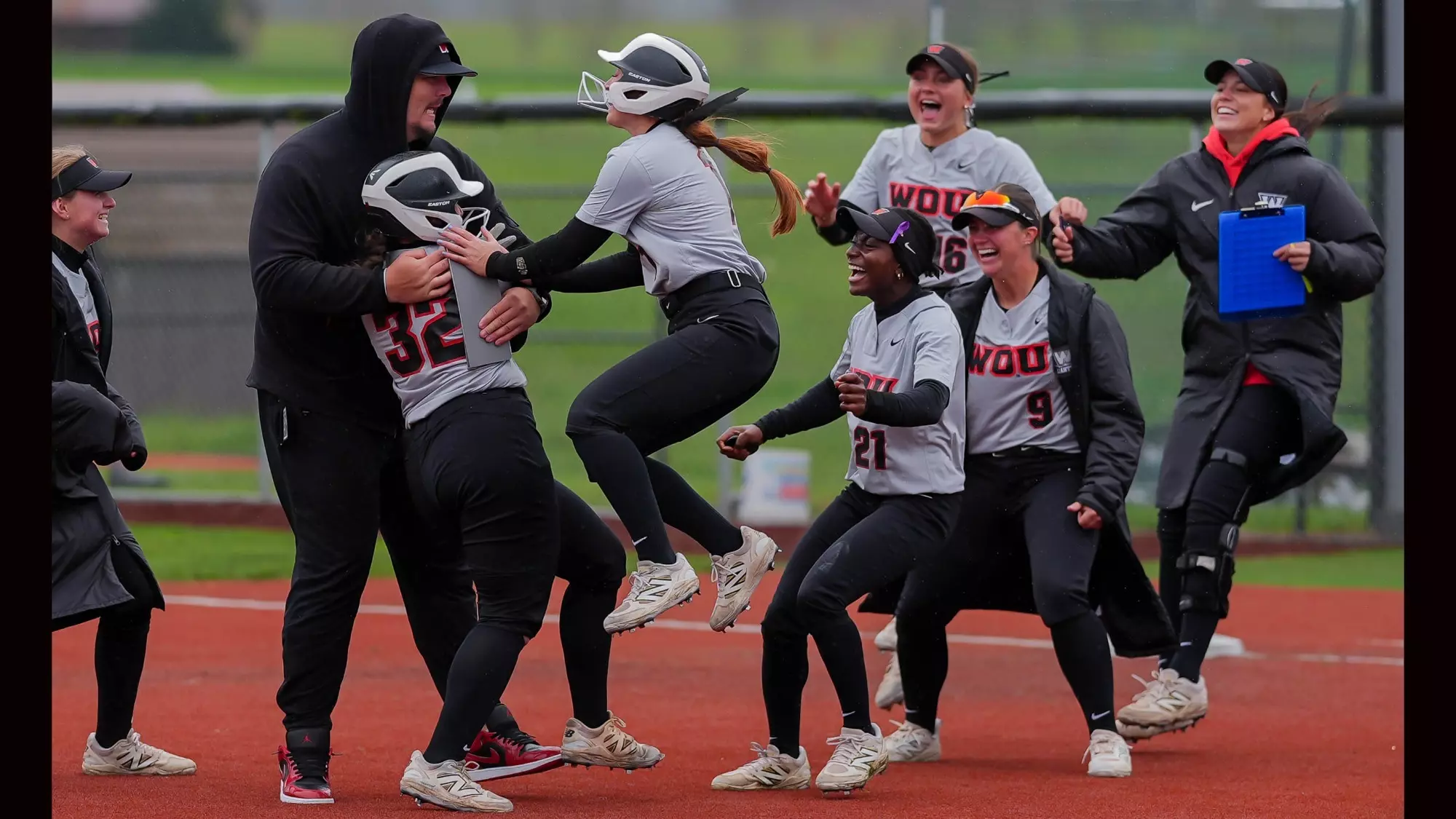 Wolves celebrate following walk-off win Friday against Simon Fraser