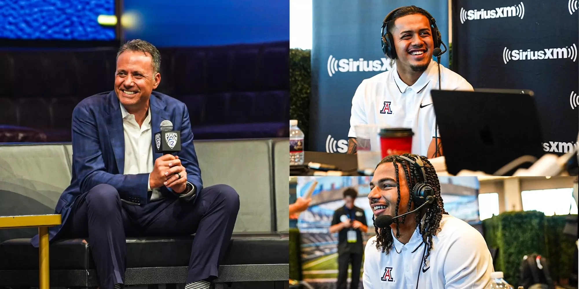 Coach Fisch, Jayden de Laura, and Treydan Stukes at Pac-12 Media Day