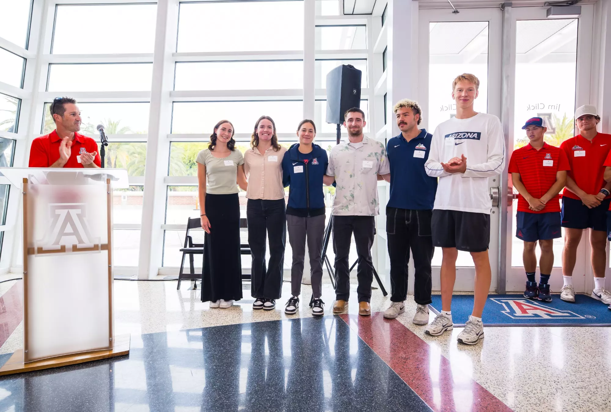 Ben Loorz, Riley Botton, Alyssa Schwengel, Lexi Duchsherer, Jack Donovan, Hunter Ingram, Tomas Lukminas — TUCSON, ARIZ. -- Reception and celebration for the first Big 12 Conference Champions in their sport at Hall of Champions.
May 12, 2025.
Photo by Mike Christy / Arizona Athletics