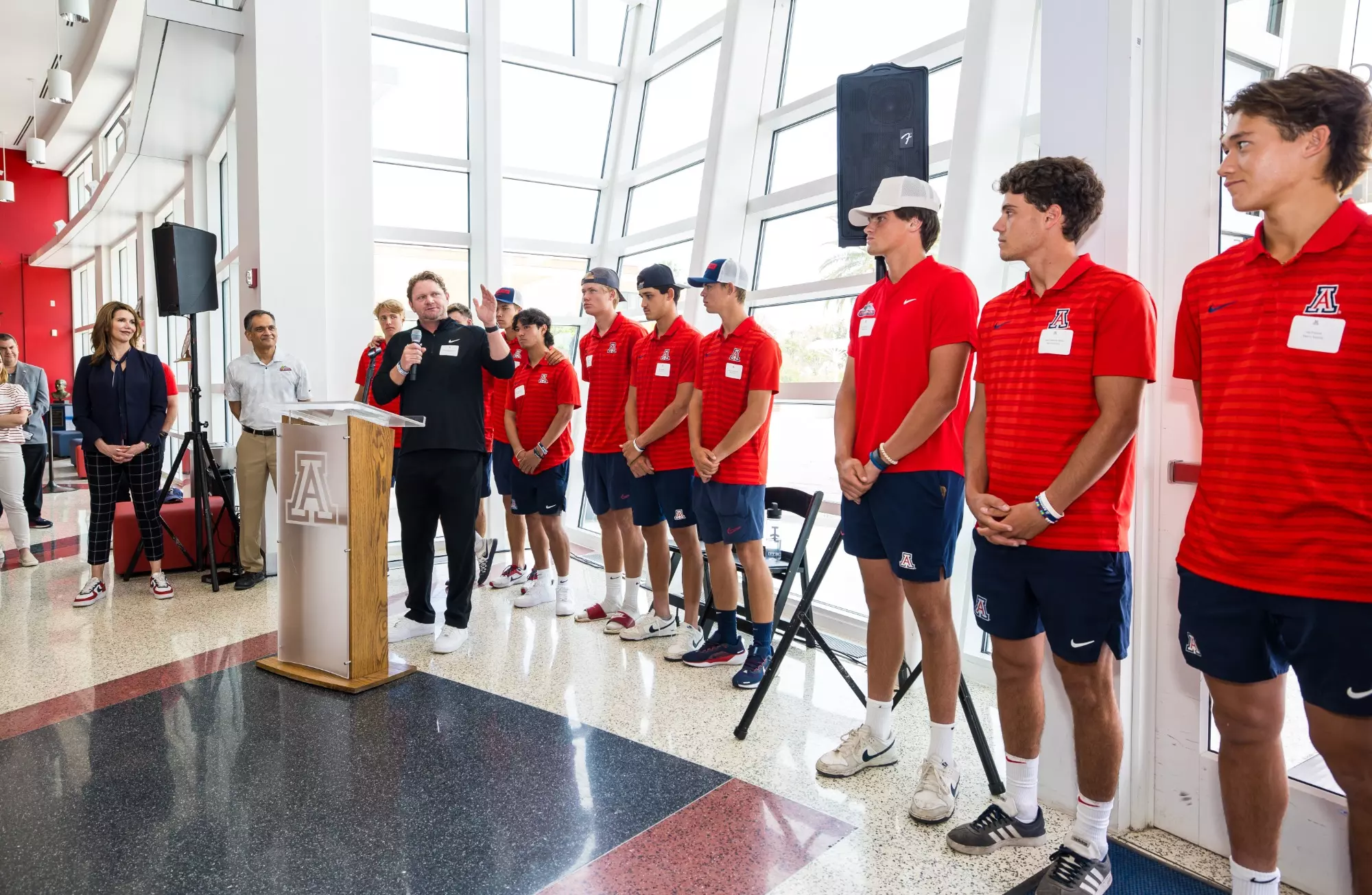 Clancy Shields, head coach, President Suresh Garimella, Desireé Reed-Francois, Casper Christensen, Eric Padgham, Matthias Kask, Sasha Rozin, Iñaki Cabrera-Bello, Jay Friend — TUCSON, ARIZ. -- Reception and celebration for the first Big 12 Conference Champions in their sport at Hall of Champions.
May 12, 2025.
Photo by Mike Christy / Arizona Athletics