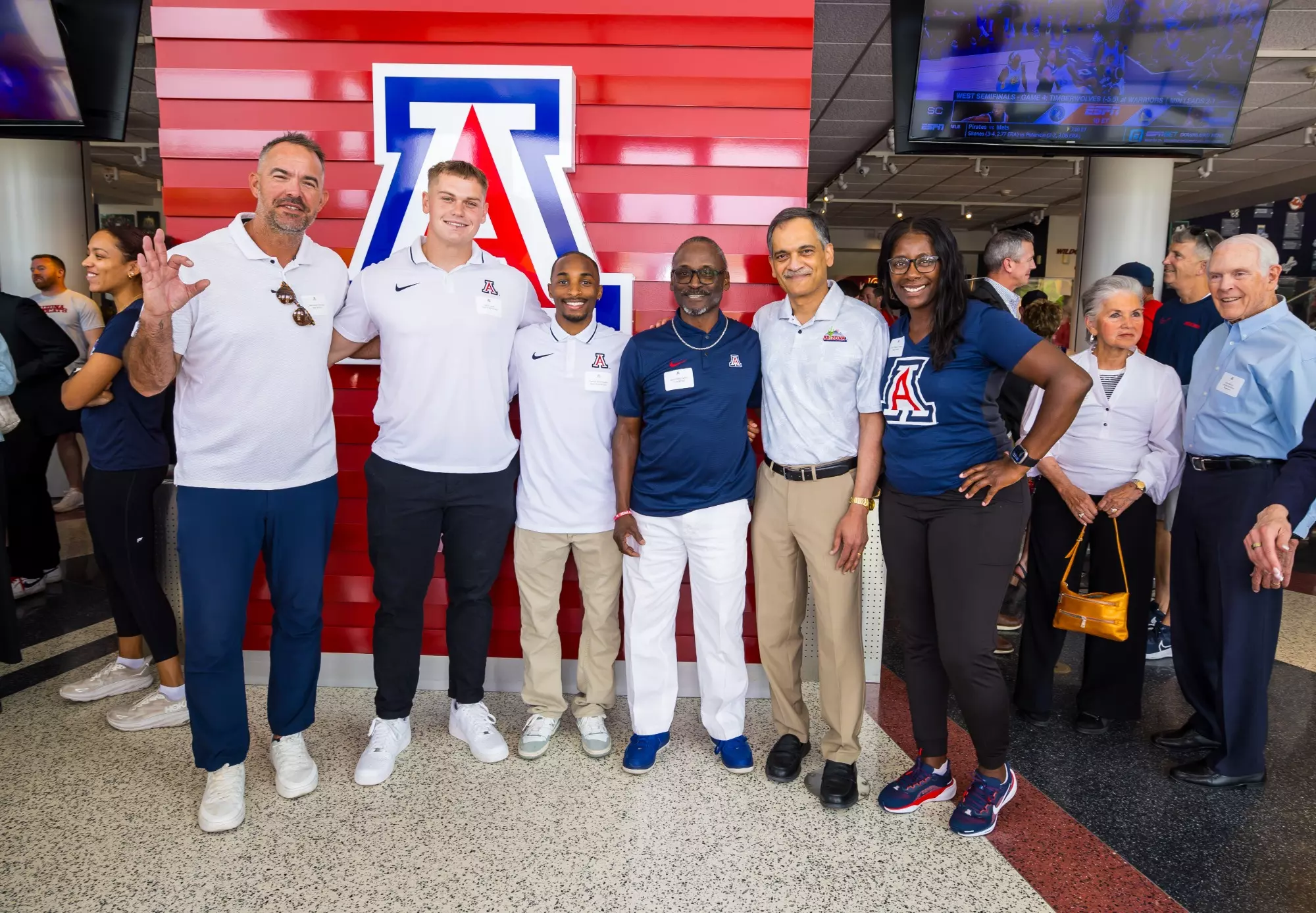 Lucais MacKay, throws coach, Zach Landa, Trayvion White-Austin, Fred Harvey, track and field head coach, President Suresh Garimella, Francesca Green, associate head coach — TUCSON, ARIZ. -- Reception and celebration for the first Big 12 Conference Champions in their sport at Hall of Champions.
May 12, 2025.
Photo by Mike Christy / Arizona Athletics