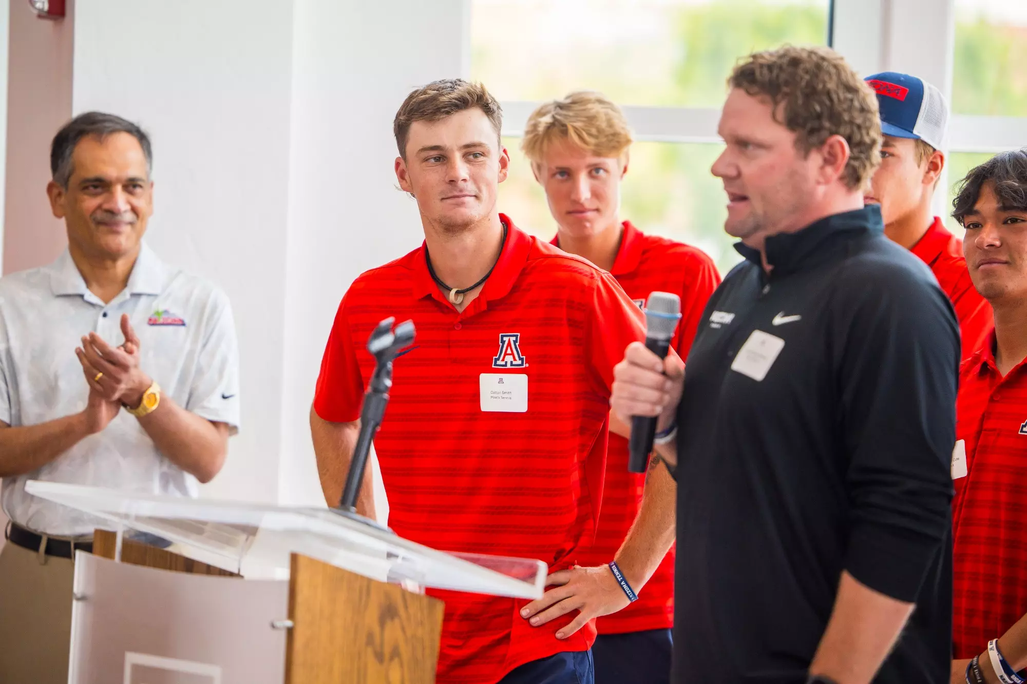 Colton Smith, Clancy Shields, head coach, President Suresh Garimella — TUCSON, ARIZ. -- Reception and celebration for the first Big 12 Conference Champions in their sport at Hall of Champions.
May 12, 2025.
Photo by Mike Christy / Arizona Athletics