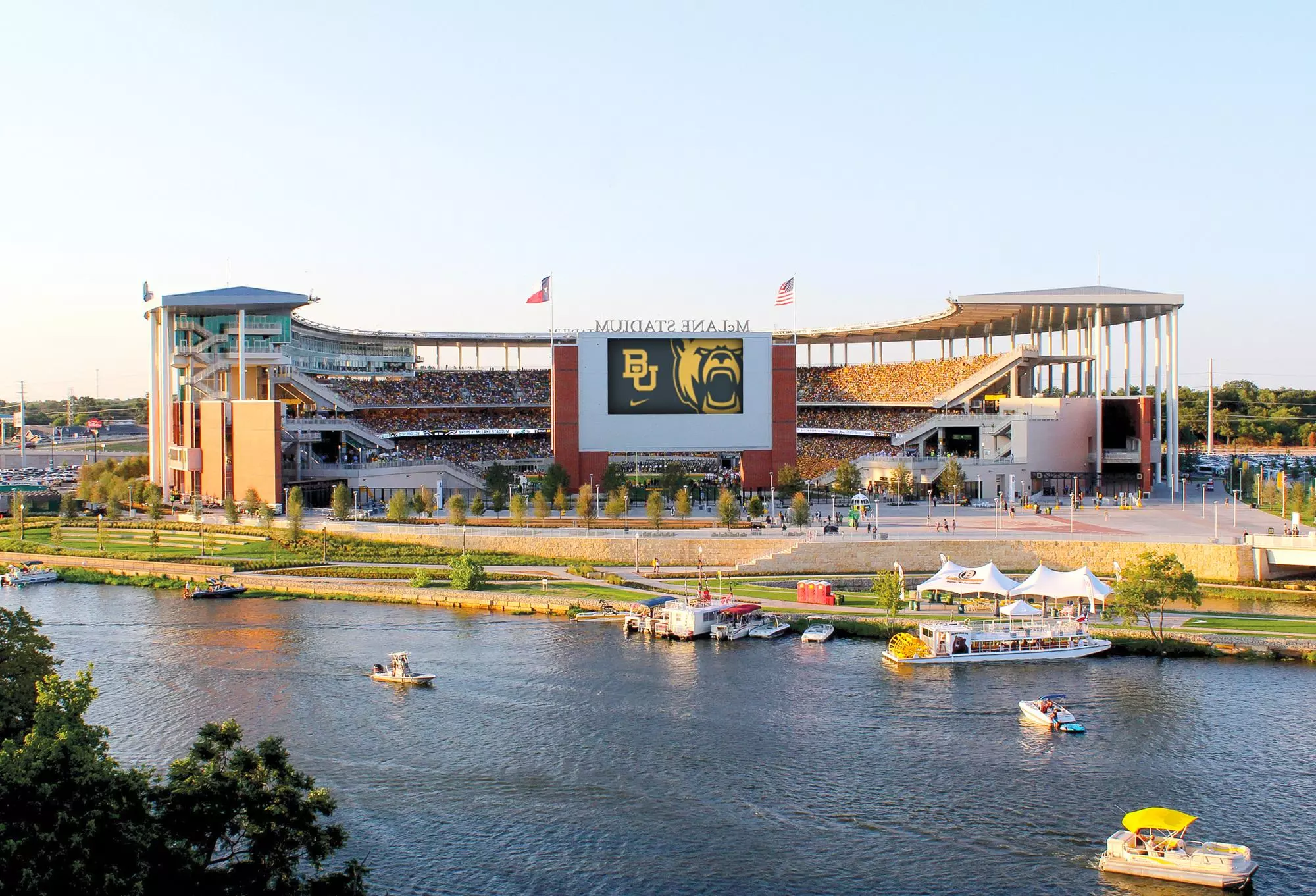 McLane Stadium - Opening Game Day - vs SMU - exterior photo sunset and evening - shot from Time Lapse Camera atop Law School – 08/31/2014