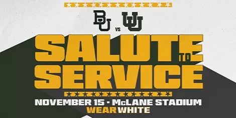 Graphic promoting Baylor football's home game vs. Utah on November 15. Fans are encouraged to wear white in honoring of the Salute to Service theme