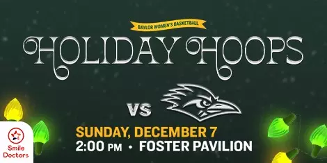 Graphic promoting women's basketball game vs. UTSA on December 7 at 2 p.m. which is holiday themed