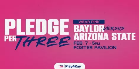 Women's basketball graphic advertising Play4Kay pledge per 3 pointer campaign with the pinkout game on feb. 7 against arizona state