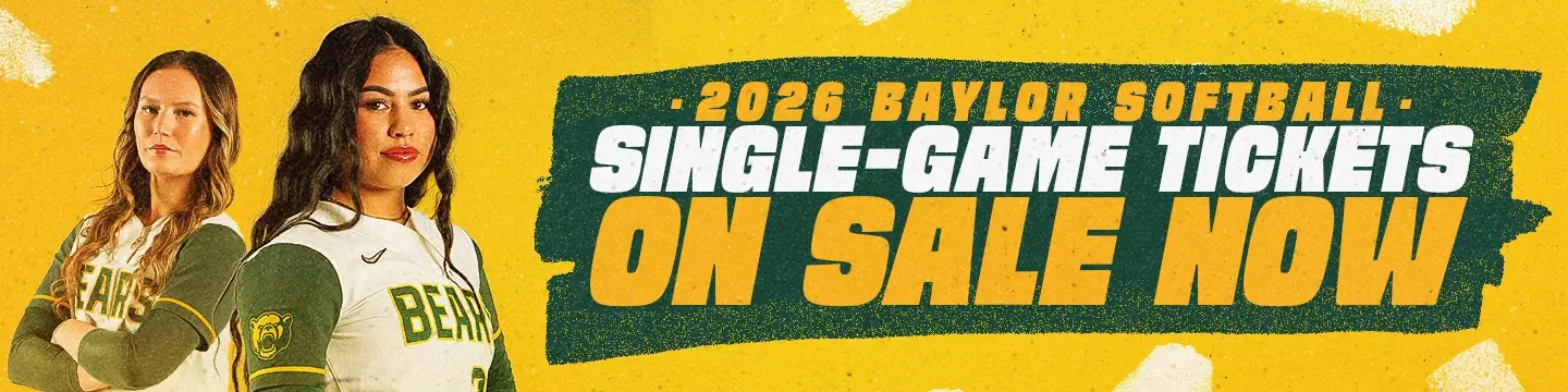 Graphic advertising 2026 softball single game tickets on sale now with two players posing