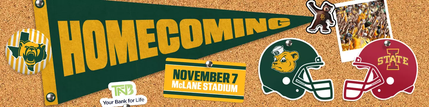 Promotional Baylor Homecoming graphic on a corkboard background featuring a green and gold pennant that reads “HOMECOMING.” A sign below announces “November 7, McLane Stadium.” Baylor and Iowa State football helmets face each other, with Baylor-themed stickers, a Baylor Bear mascot sticker, a TNB logo, and a photo of fans in the crowd arranged like pinned memorabilia on a bulletin board. The graphic promotes Baylor Homecoming against Iowa State on November 7 at McLane Stadium.
