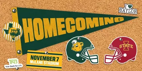 Promotional Baylor Homecoming graphic on a corkboard background featuring a green and gold pennant that reads “HOMECOMING.” A sign below announces “November 7, McLane Stadium.” Baylor and Iowa State football helmets face each other, with Baylor-themed stickers, a Baylor Bear mascot sticker, a TNB logo, and a photo of fans in the crowd arranged like pinned memorabilia on a bulletin board. The graphic promotes Baylor Homecoming against Iowa State on November 7 at McLane Stadium.