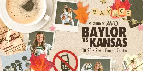 Baylor Volleyball game promotion for Baylor vs. Kansas, Oct. 25 at 2 p.m. in Ferrell Center. The graphic uses a cozy fall scrapbook theme with coffee, autumn leaves, Polaroid photos of Baylor players, and decorative Baylor lettering. Game is presented by Avo Apparel. Click for tickets