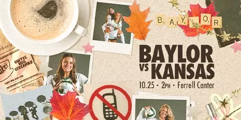 Baylor Volleyball game promotion for Baylor vs. Kansas, Oct. 25 at 2 p.m. in Ferrell Center. The graphic uses a cozy fall scrapbook theme with coffee, autumn leaves, Polaroid photos of Baylor players, and decorative Baylor lettering.; click for tickets