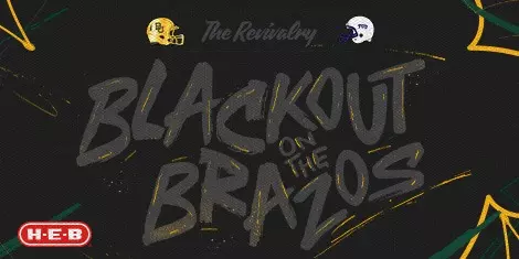 Promotional graphic for Baylor vs. TCU football featuring the text 'Blackout the Brazos.' Baylor and TCU helmet logos appear at the top with The Revivalry branding on a black background accented by green and gold paint strokes. H-E-B logo in lower left corner.; click for tickets