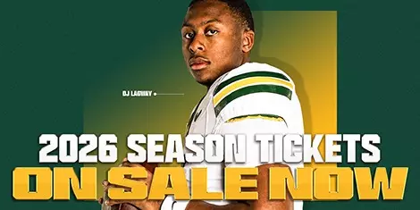 “2026 Baylor Football season tickets on sale now” button featuring a Baylor football player in uniform on a green and gold background, linking to purchase season tickets.