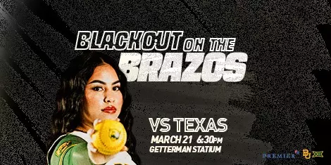 Softball player posing with a ball with Blackout on the Brazos text behind her for Baylor vs. Texas on March 21 at 6:30 p.m. at Getterman Stadium; Premier ER & Urgent Care logo is featured; click for tickets