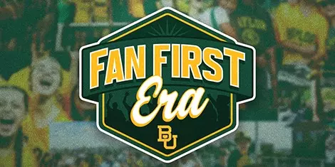 Graphic with fan photos with green overlay background with a Fan First Era text on a shield logo; click for landing page