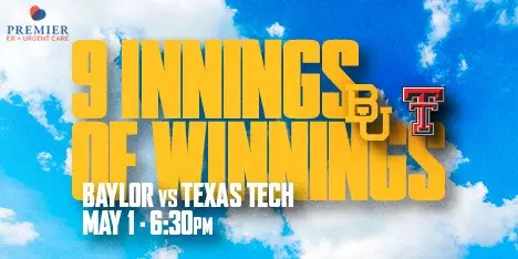 BSB 9 Innings of Winnings Graphic vs. Texas Tech on Friday, May 1 at 6:30 p.m.; sponsored by Premier ER & Urgent Care; click for tickets