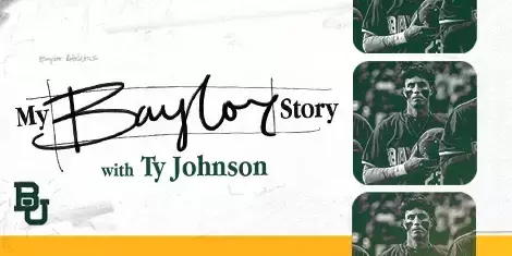 My Baylor Story with Ty Johnson with photo of Ty Johnson standing during the National Anthem; click to read story