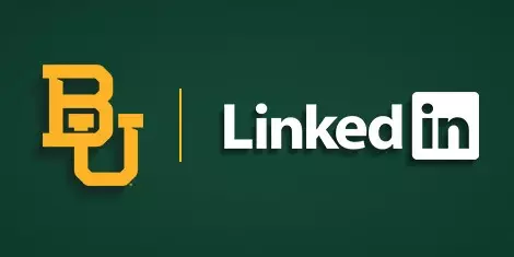 Baylor logo and LinkedIn logo on a green background; click for athletics LinkedIn page