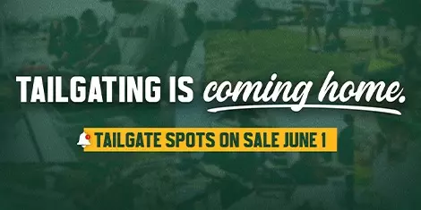 tailgating is coming home text with "tailgating spots on sale June 1" underneath it with photos in the background