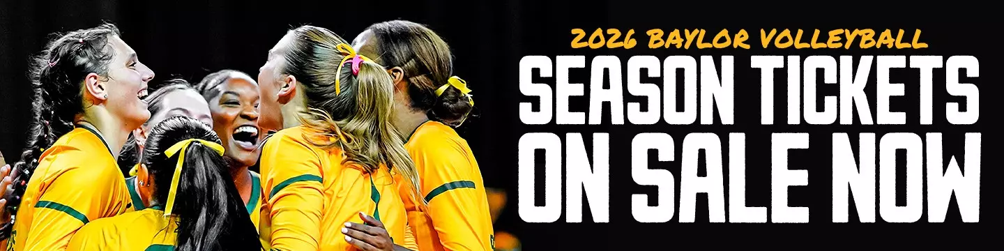 2026 Volleyball Season Tickets On Sale Graphic with players celebrating photo on a black background; click for tickets