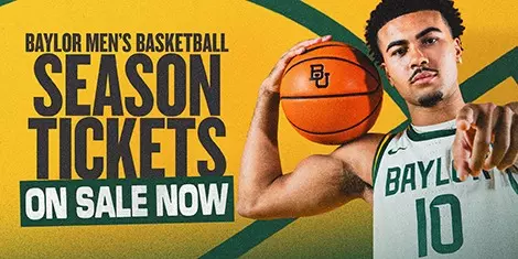 Graphic promoting Baylor Men's Basketball season tickets. Gold background with Isaac Williams in uniform holding a basketball and pointing toward the viewer. Large text reads, "Baylor Men's Basketball Season Tickets On Sale Now."