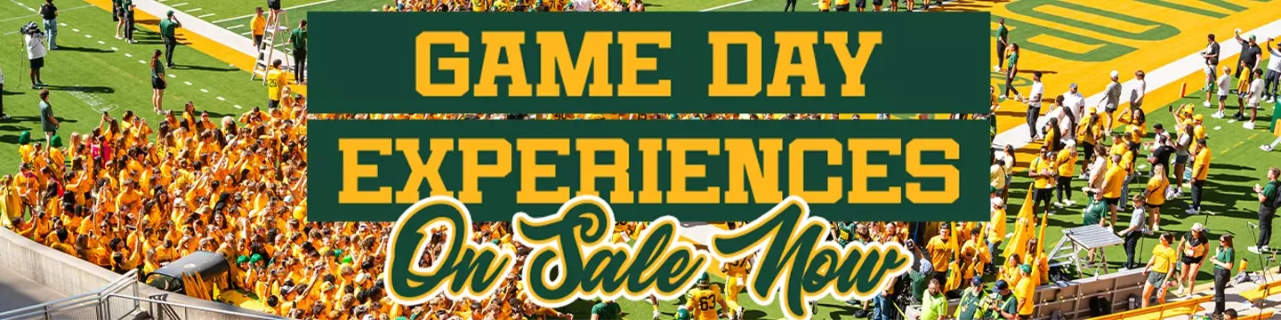 Baylor Football Game Day Experiences on Sale Now text with team runout photo in the background; click to purchase