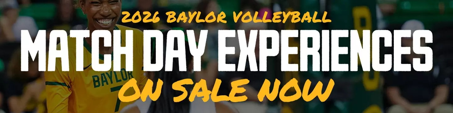 "2026 Volleyball Match Day Experiences On Sale" Graphic with a photo of volleyball players high fiving each other in the background