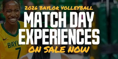 "2026 Volleyball Match Day Experiences On Sale" Graphic with a photo of volleyball players high fiving each other in the background