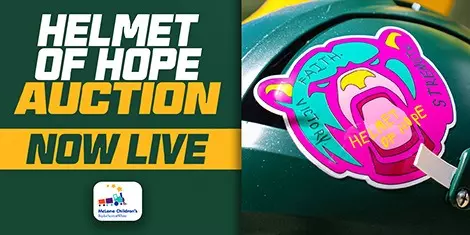 Helmet of Hope Auction Graphic text with image of Baylor football logo with Helmet of Hope colorful decal