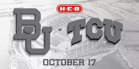Baylor vs. TCU logos in front of a white background with a photo of McLane Stadium in the back; H-E-B logo is below; click for tickets