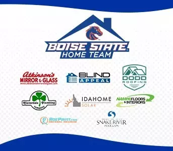 Promotion, 2023 Home Team logo with sponsors listed: Atkinson's Mirror and Glass, Blind Appeal, Dodd Roofing, Cloverdale Plumbing, Idahome Solar, Nampa Floors and Interiors, RoePaint.com, Snake River Pool and Spa.