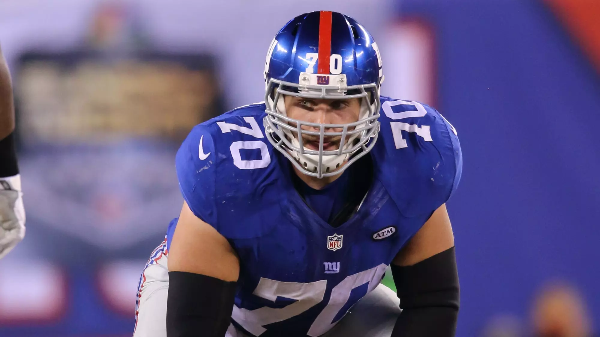 New York Giants center Weston Richburg (70) on the line of scrimmage during the week five regular season NFL football game against the San Francisco 49ers on Sunday, Oct. 11, 2015 in East Rutherford, N.J. The Giants beat the 49ers 30 - 27. (David Drapkin via AP)