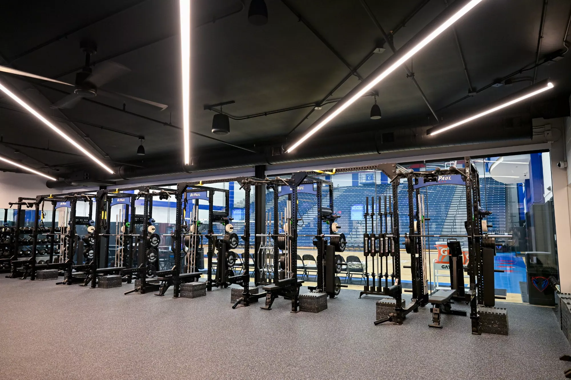 The newly constructed weight room, for use of all DePaul student-athletes. With double the weight-racks from the previous room, teams are able to train entirely together.