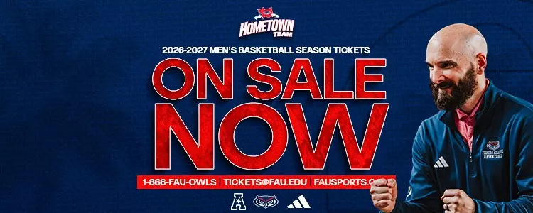Florida Atlantic Men's Basketball 2026-27 Season Tickets on Sale Graphic. John Jakus on right hand side of graphic