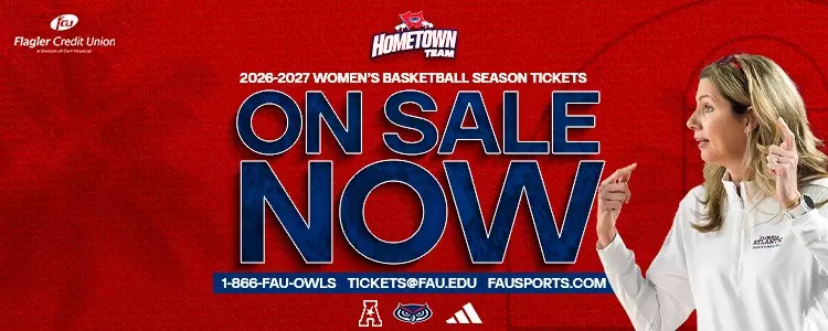 Florida Atlantic Women's Basketball 2026-27 Season Tickets on Sale Graphic. Head Coach LeAnn Freeland on right hand side of graphic