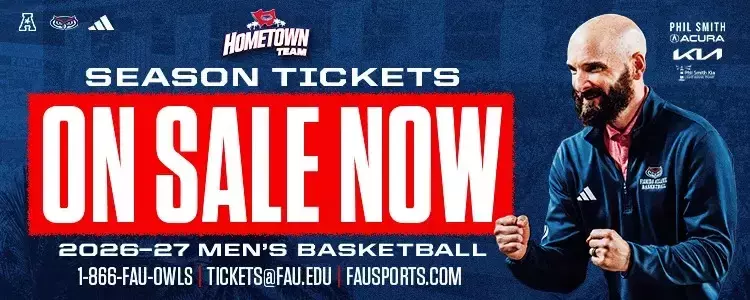MBB 2026-2027 Season Tickets on sale banner showing Coach John Jakus. Contact 1-866-FAU-OWLS or Tickets@fau.edu for more information.