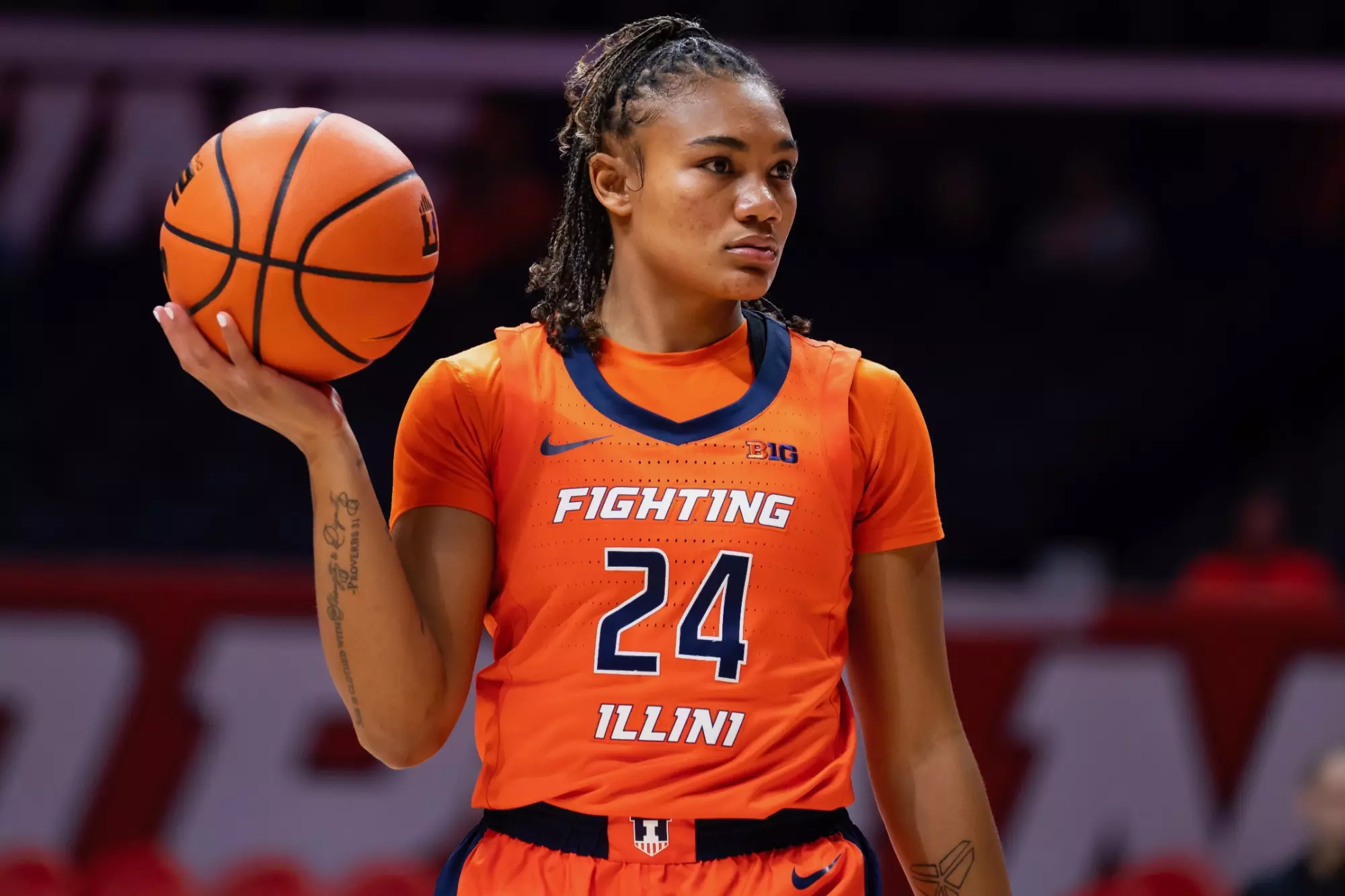 CHAMPAIGN, IL - November 07, 2023 - Illinois Guard Adalia McKenzie (#24) before the game between the Morehead State Eagles and the Illinois Fighting Illini at State Farm Center in Champaign, IL. Photo By Kevin Snyder